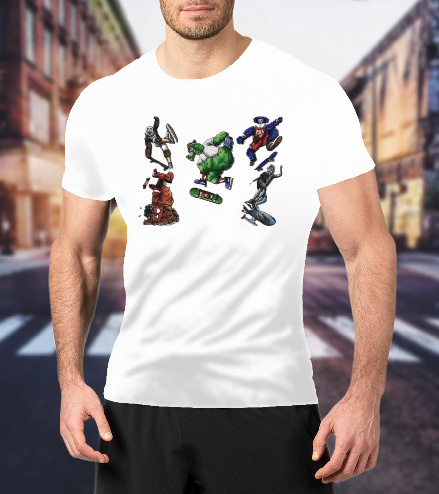 Philadelphia Sports Mascots Skateboarding Extravaganza Happy National Day T-Shirt
