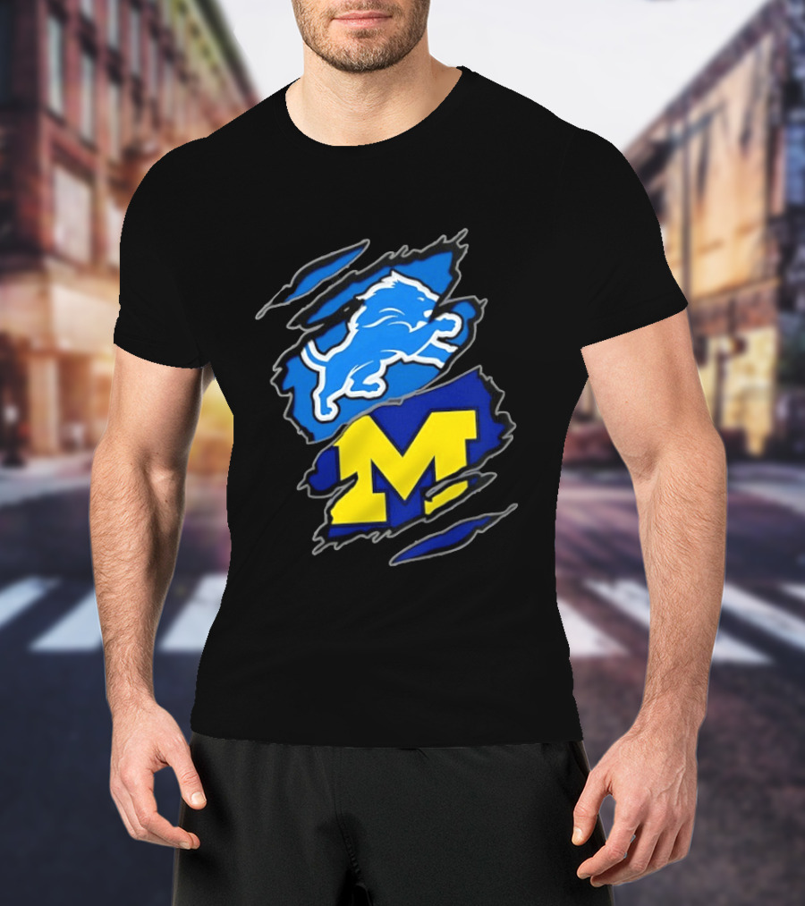 Detroit Lions Michigan Wolverines Two Teams One Heart Scratch T-Shirt