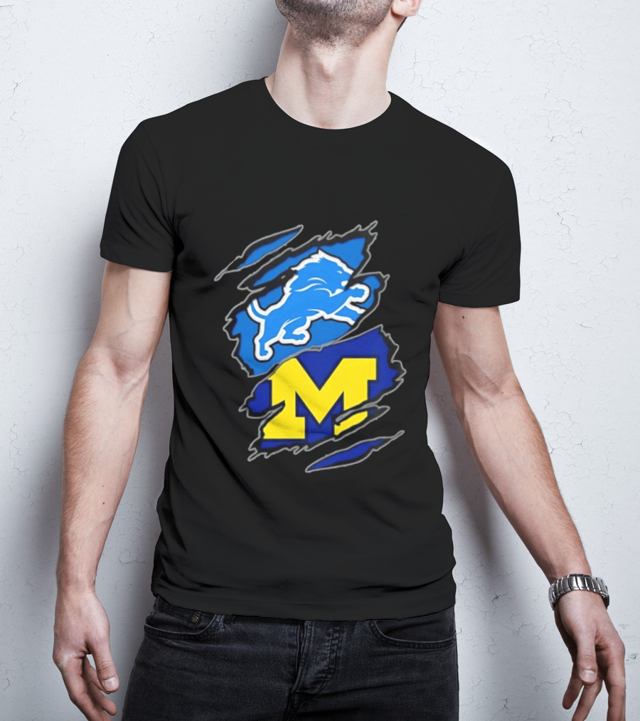 Detroit Lions Michigan Wolverines Two Teams One Heart Scratch T-Shirt