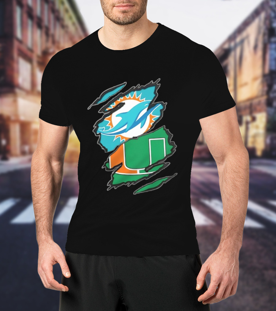 Miami Dolphins And Miami Hurricanes Two Teams One Heart Scratch T-Shirt
