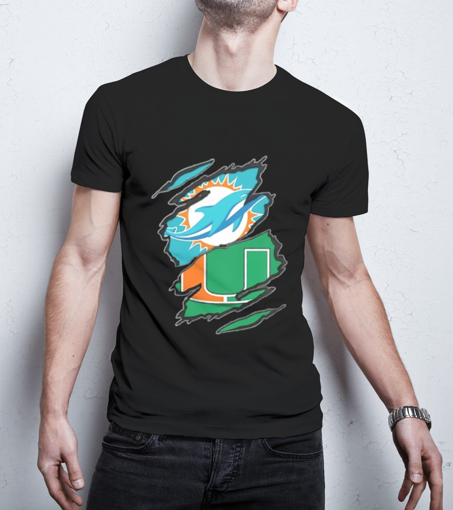 Miami Dolphins And Miami Hurricanes Two Teams One Heart Scratch T-Shirt