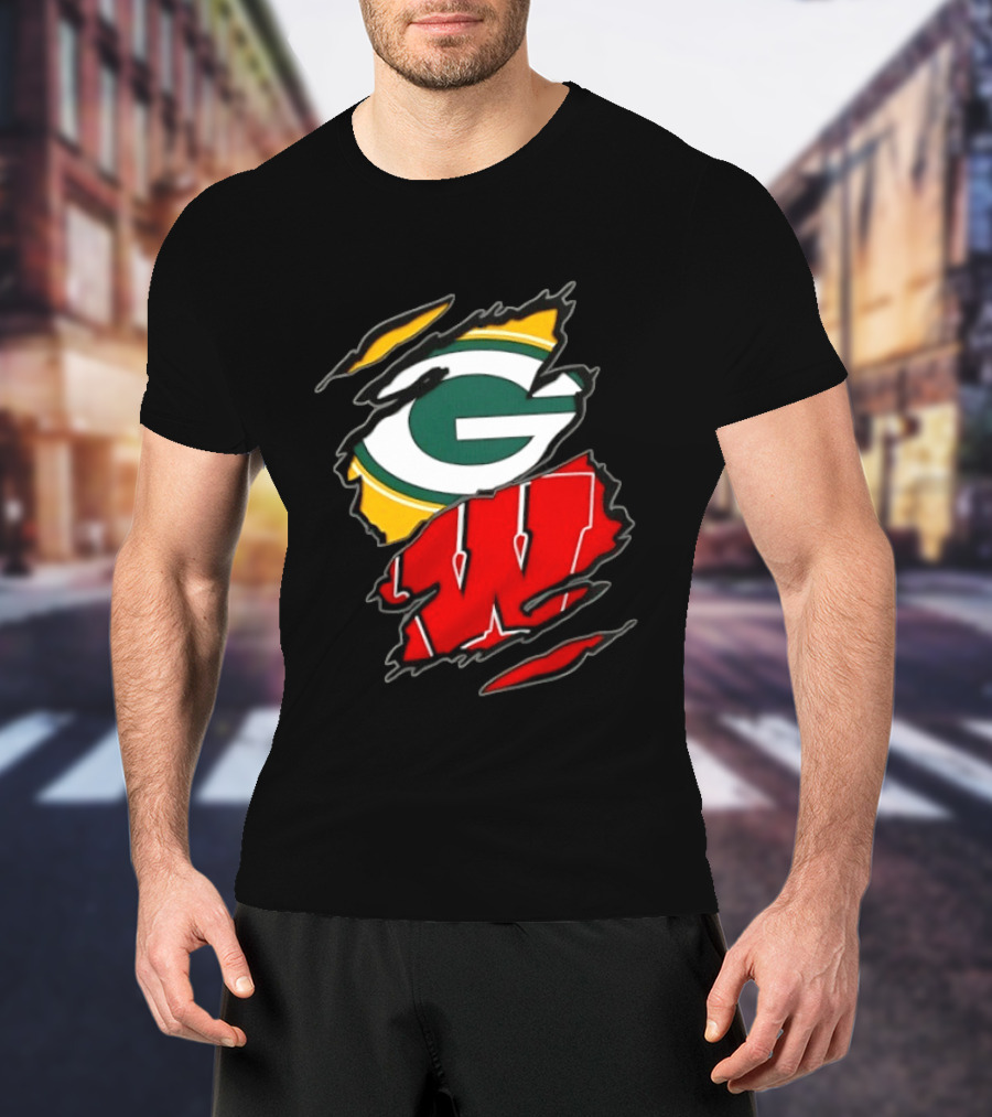 Green Bay Packers Wisconsin Badgers Two Teams One Heart Scratch T-Shirt