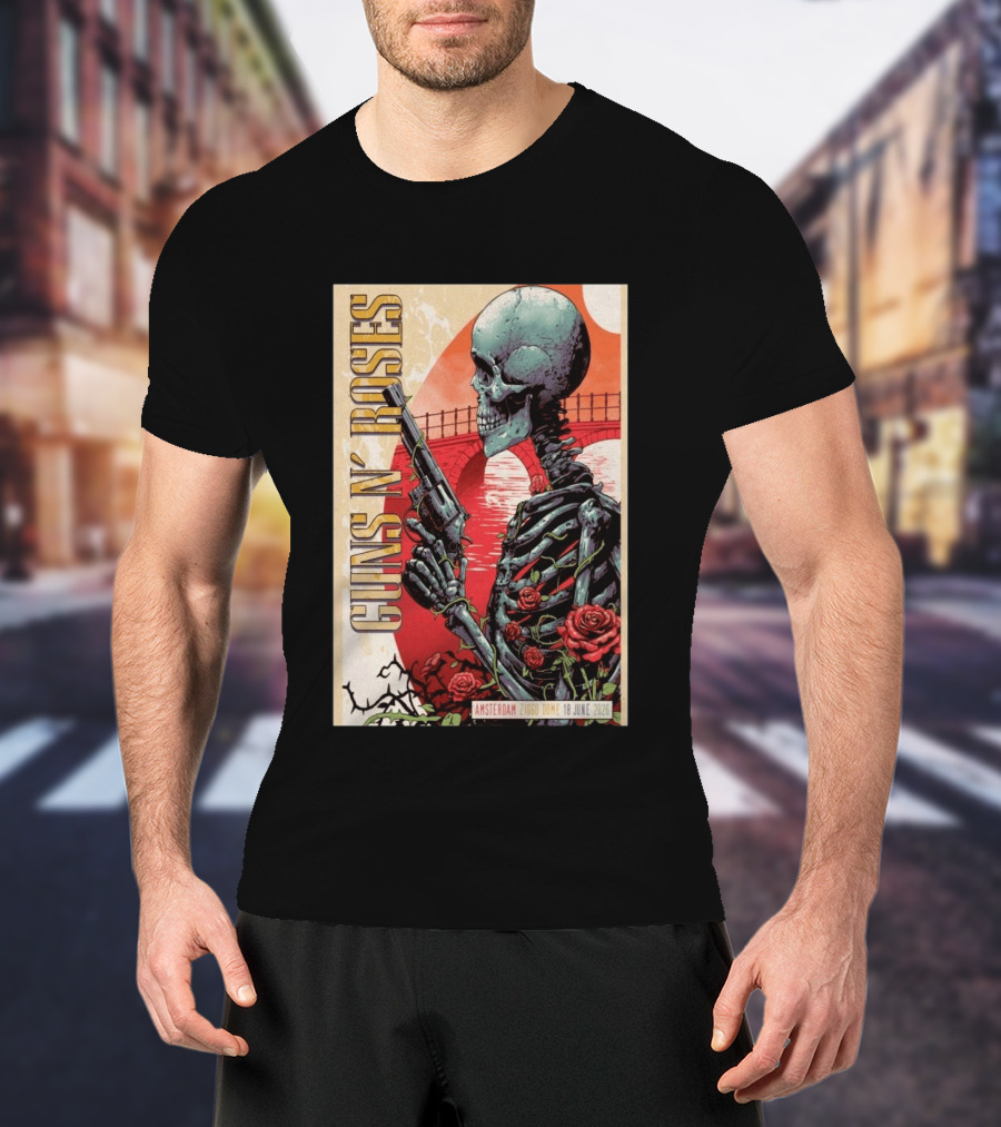 Guns N' Roses Amsterdam 18 June 2026 Ziggo Dome Skeleton With Gun And Roses T-Shirt