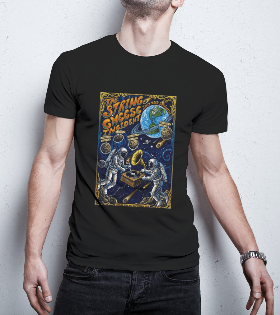 The String Cheese Incident Summer 2026 Just Keep Spinning Tour Astronauts Vinyl Planet T-Shirt