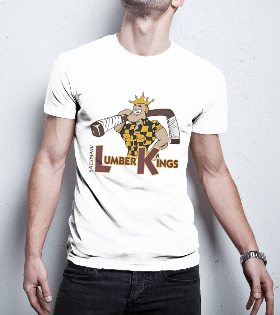 Saginaw Lumber Kings Hockey Team Logo Player With Crown And Hockey Stick T-Shirt