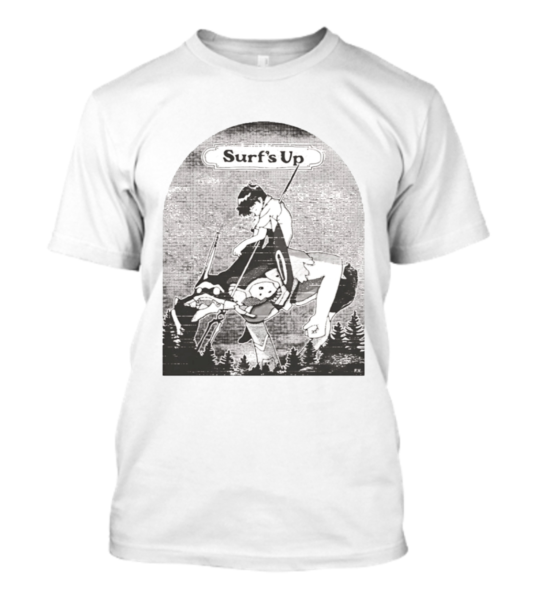 Surf's Up Anime Style Riding Adventure Black And White T-Shirt