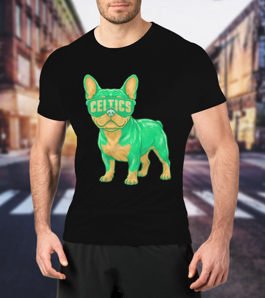 Boston Celtics French Bulldog Wearing Celtics Glasses T-Shirt