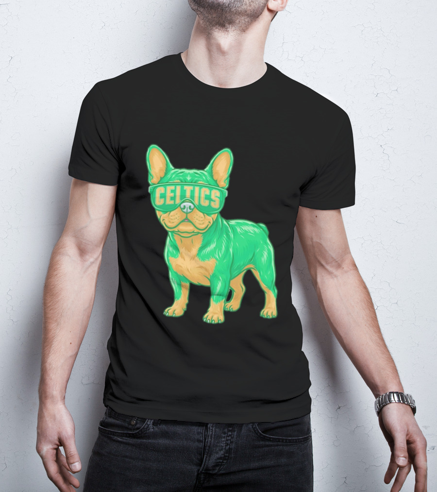Boston Celtics French Bulldog Wearing Celtics Glasses T-Shirt