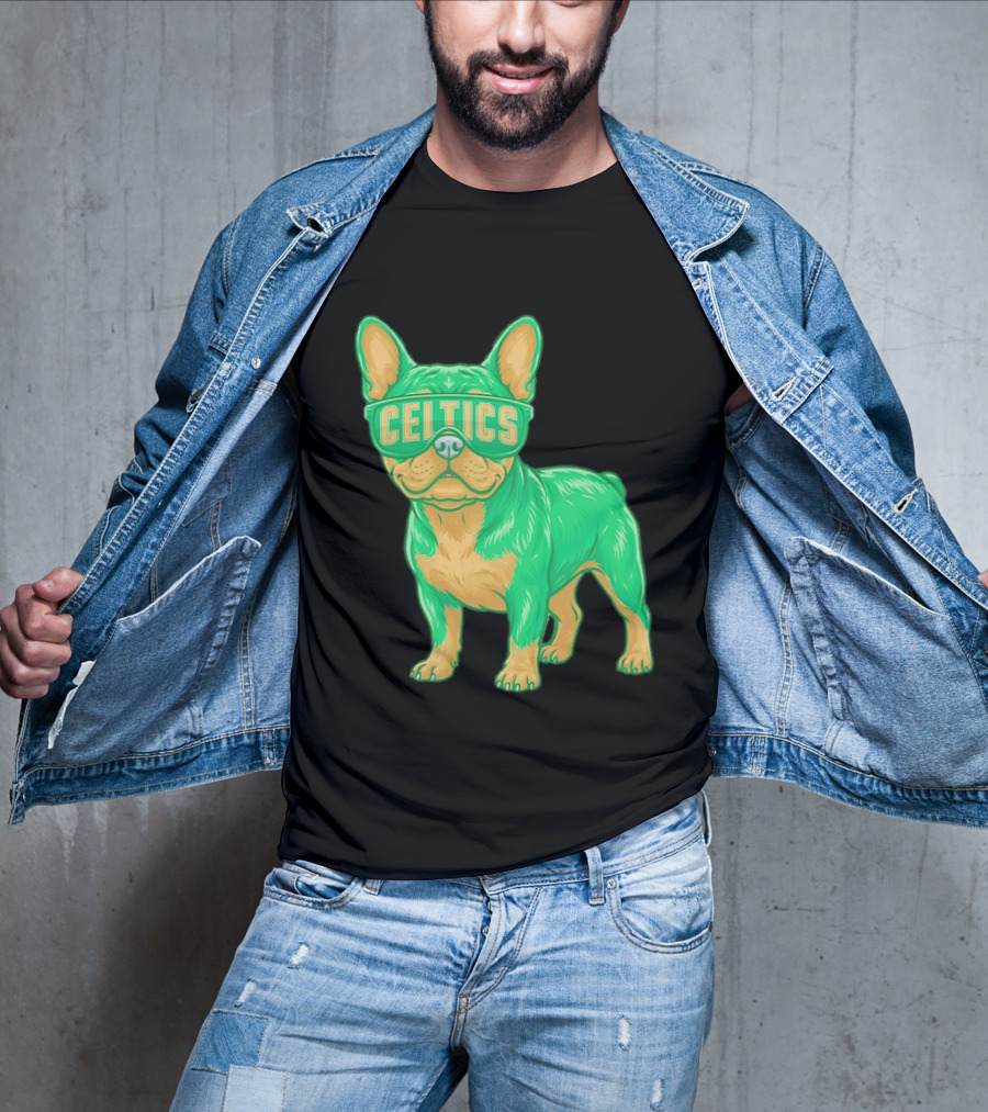 Boston Celtics French Bulldog Wearing Celtics Glasses T-Shirt