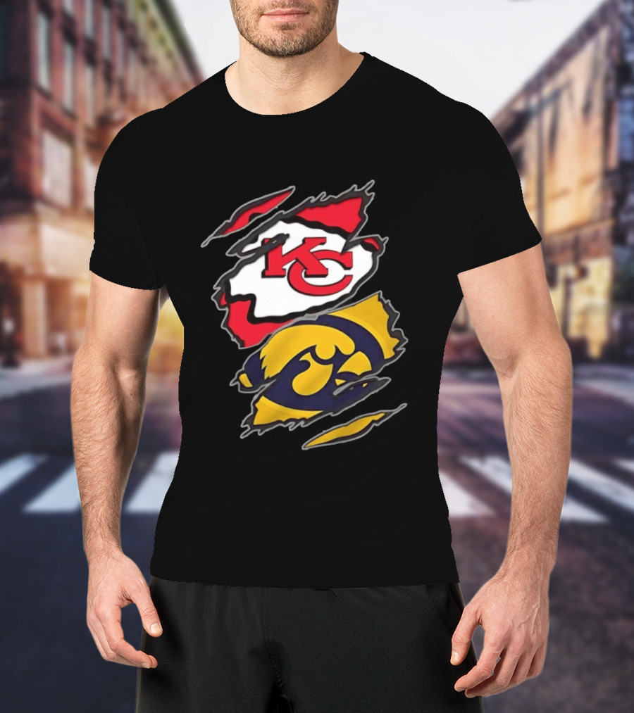 Kansas City Chiefs And Iowa Hawkeyes Two Teams One Heart Scratch KC Logo Iowa T-Shirt