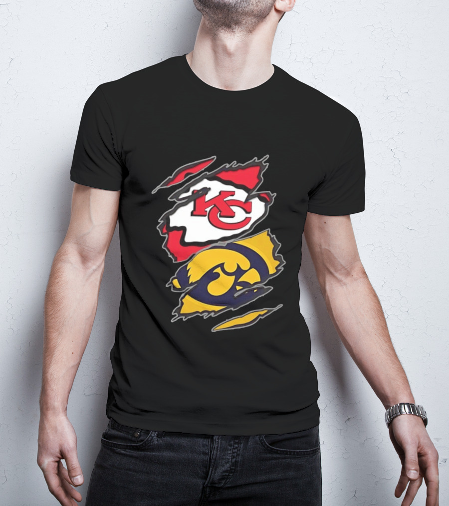 Kansas City Chiefs And Iowa Hawkeyes Two Teams One Heart Scratch KC Logo Iowa T-Shirt