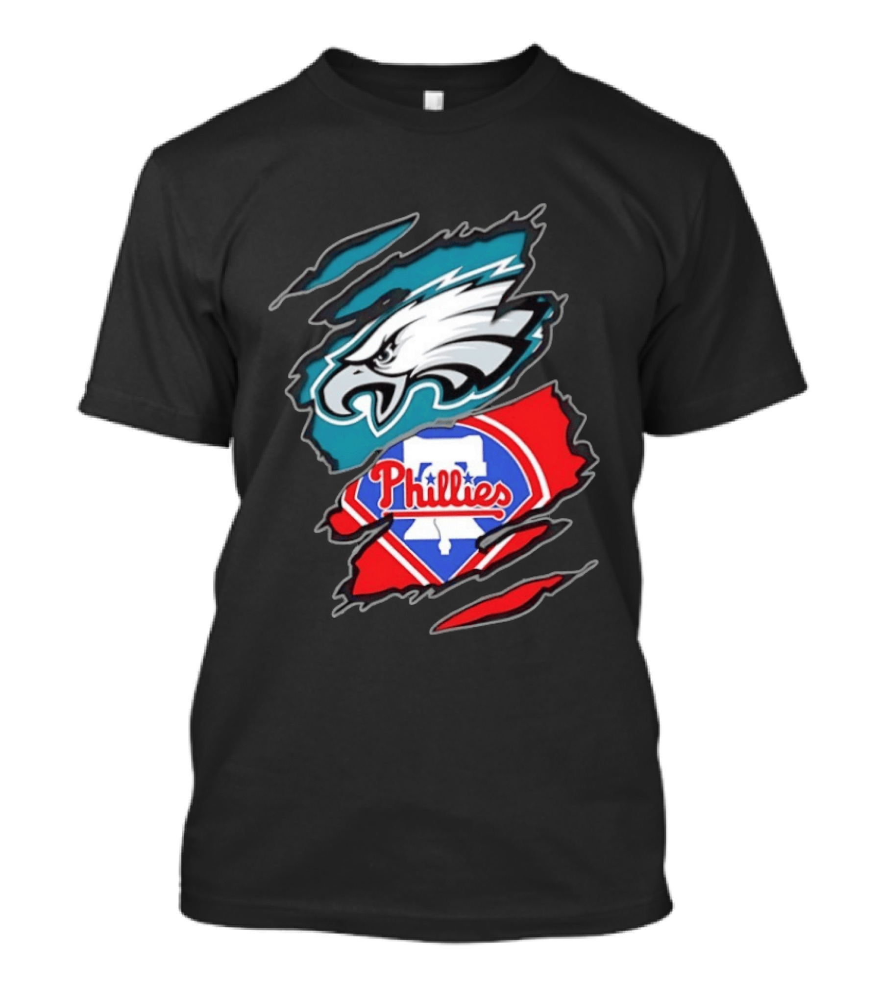 Philadelphia Eagles And Philadelphia Phillies Two Teams One Heart Scratch Logo Fusion T-Shirt