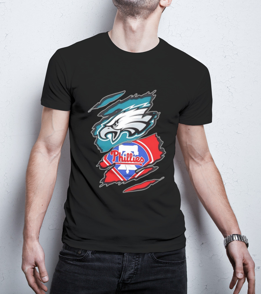 Philadelphia Eagles And Philadelphia Phillies Two Teams One Heart Scratch Logo Fusion T-Shirt