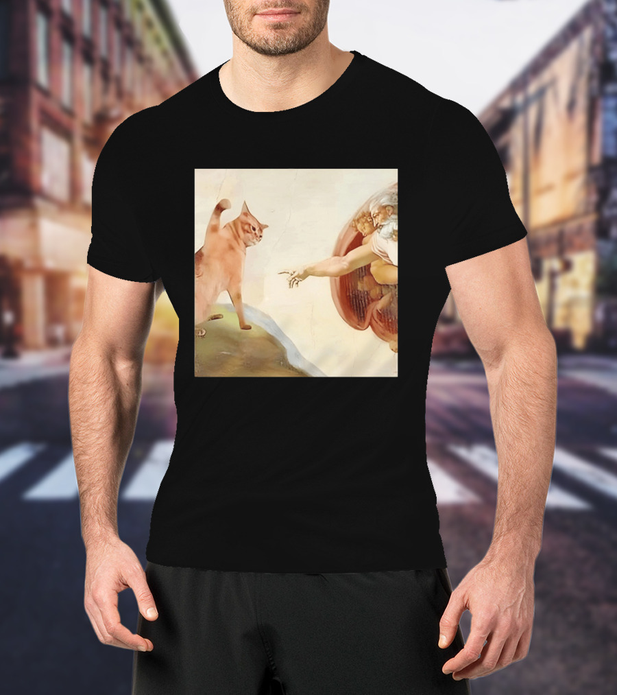 Floppa Meets Creation In Iconic God Touching Fingers Scene T-Shirt