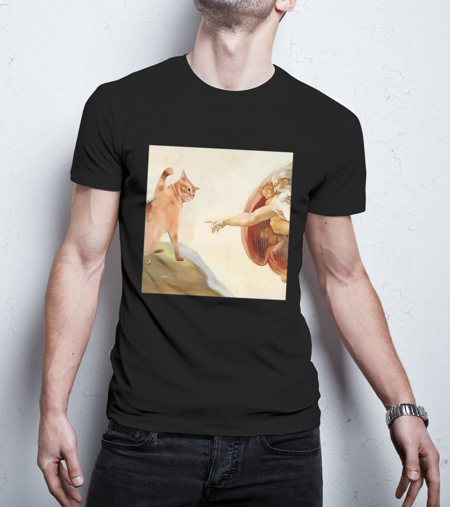 Floppa Meets Creation In Iconic God Touching Fingers Scene T-Shirt