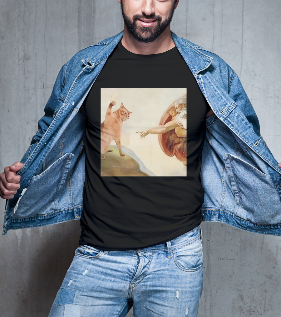 Floppa Meets Creation In Iconic God Touching Fingers Scene T-Shirt