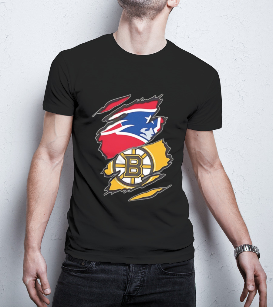 New England Patriots Boston Bruins Two Teams One Heart Scratch NFL NHL Fan T-Shirt