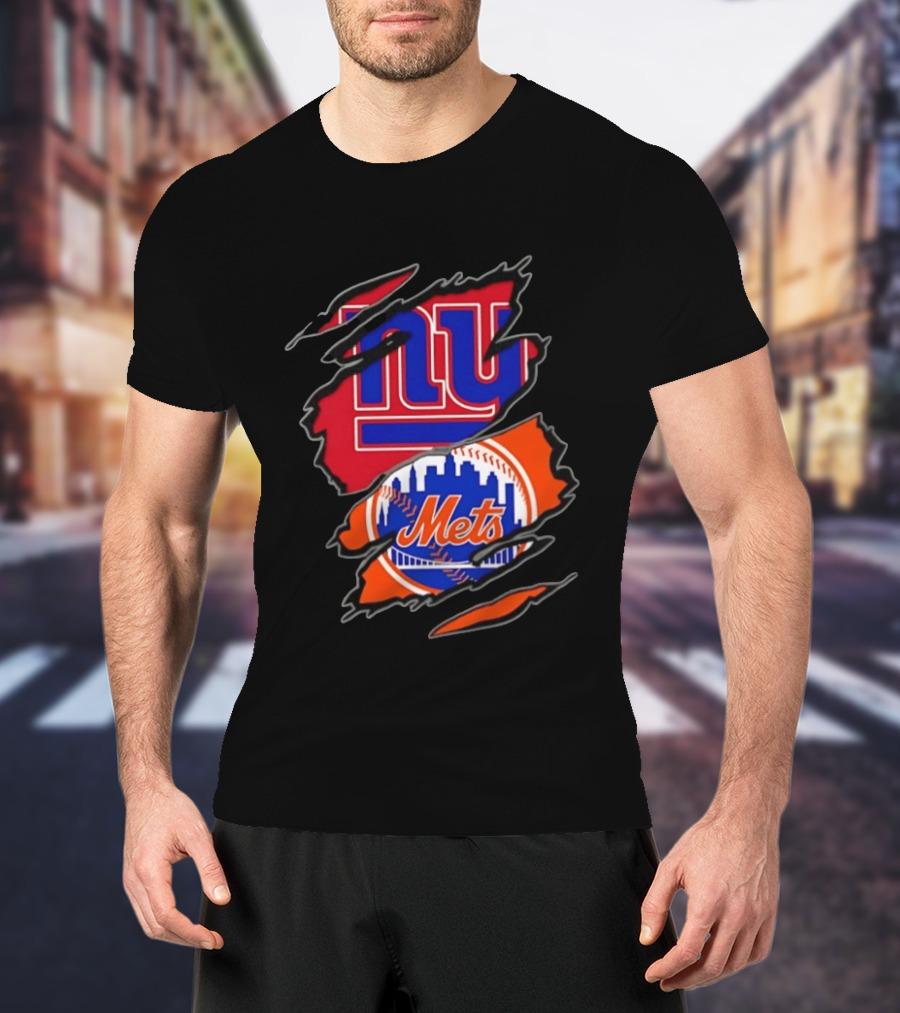 New York Giants New York Mets Two Teams One Heart Scratch T-Shirt