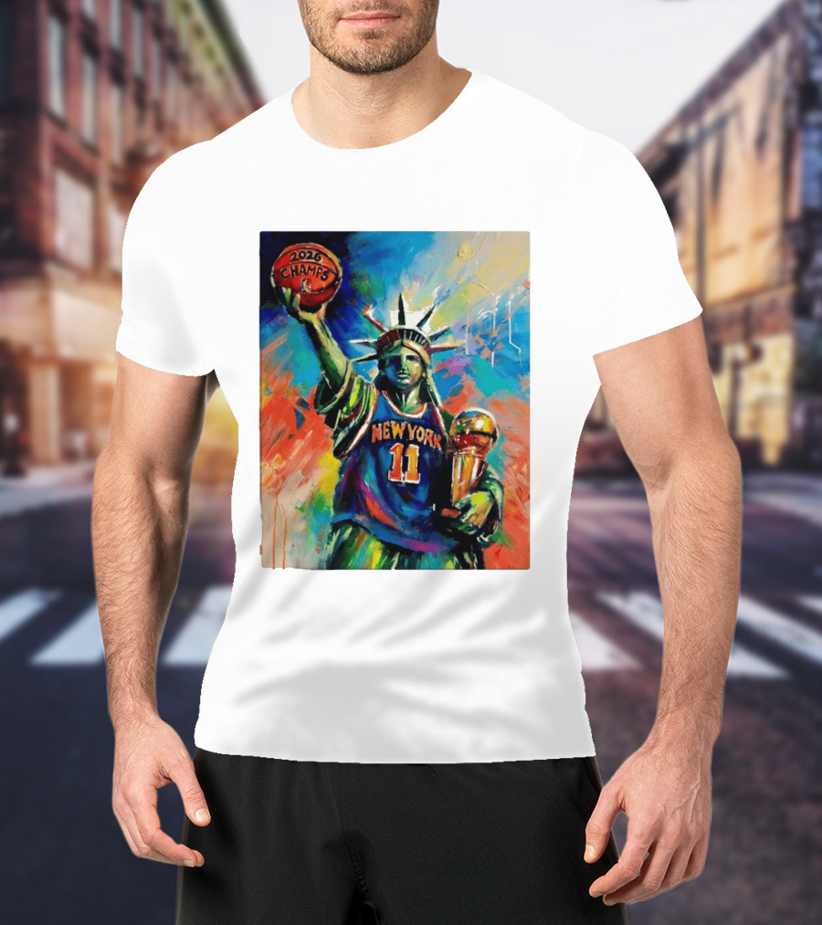 New York Knicks 11 Statue Of Liberty 2026 Champs Trophy Basketball T-Shirt