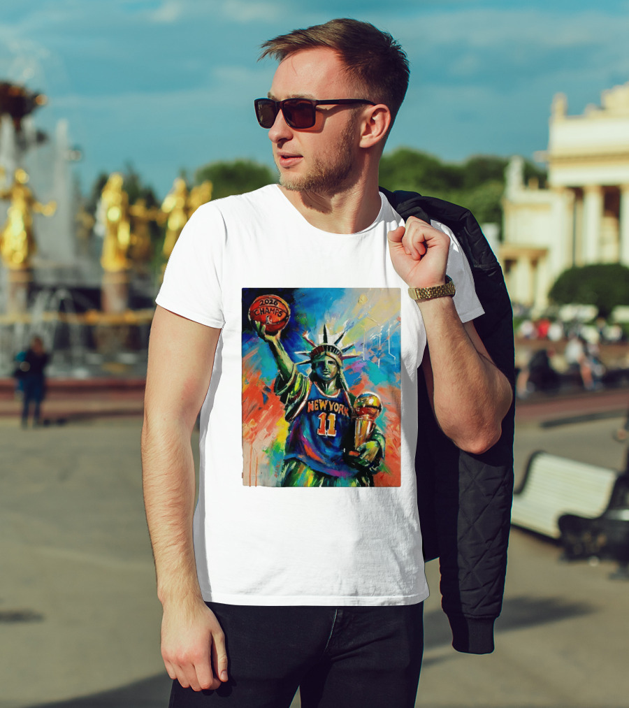 New York Knicks 11 Statue Of Liberty 2026 Champs Trophy Basketball T-Shirt