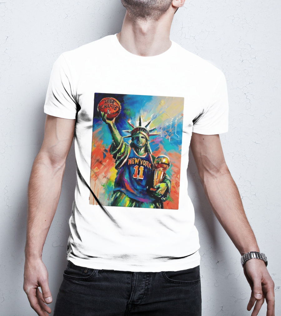 New York Knicks 11 Statue Of Liberty 2026 Champs Trophy Basketball T-Shirt