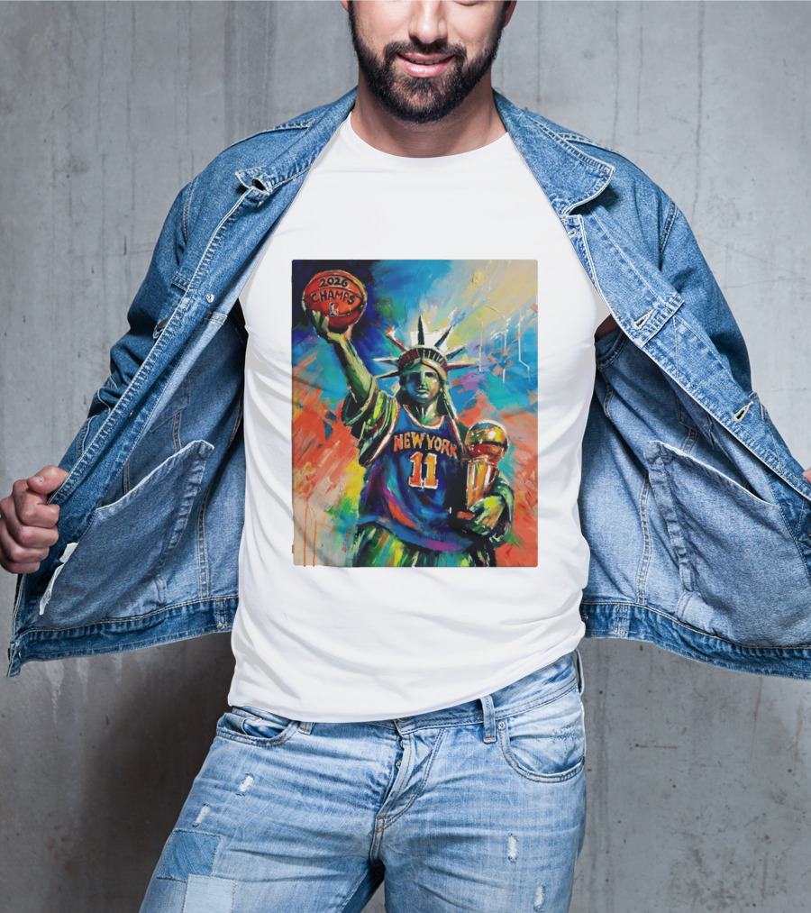 New York Knicks 11 Statue Of Liberty 2026 Champs Trophy Basketball T-Shirt