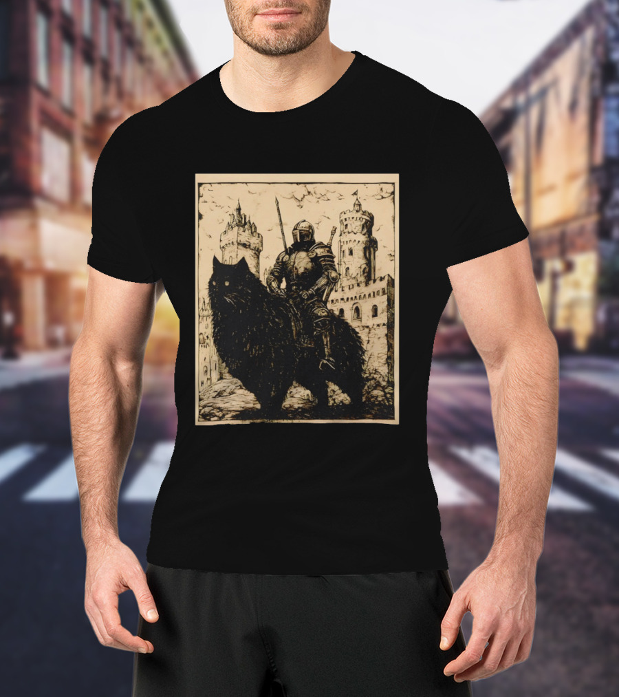 Knight Riding Giant Cat In Medieval Fantasy Castle Scene T-Shirt