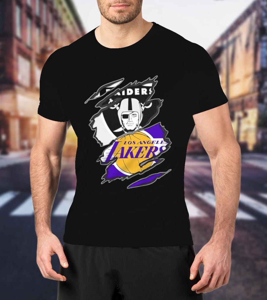 Las Vegas Raiders Los Angeles Lakers Two Teams One Heart Scratch T-Shirt