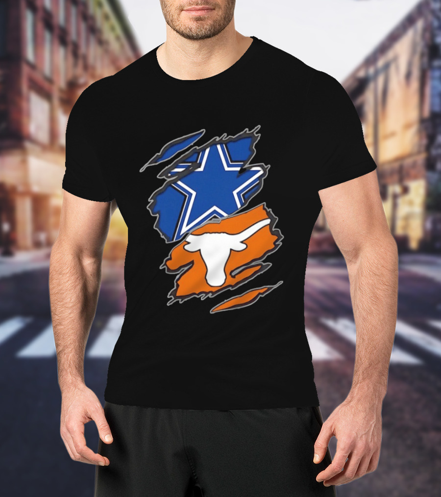 Dallas Cowboys Texas Longhorns Two Teams One Heart Scratch Torn Star Helmet T-Shirt