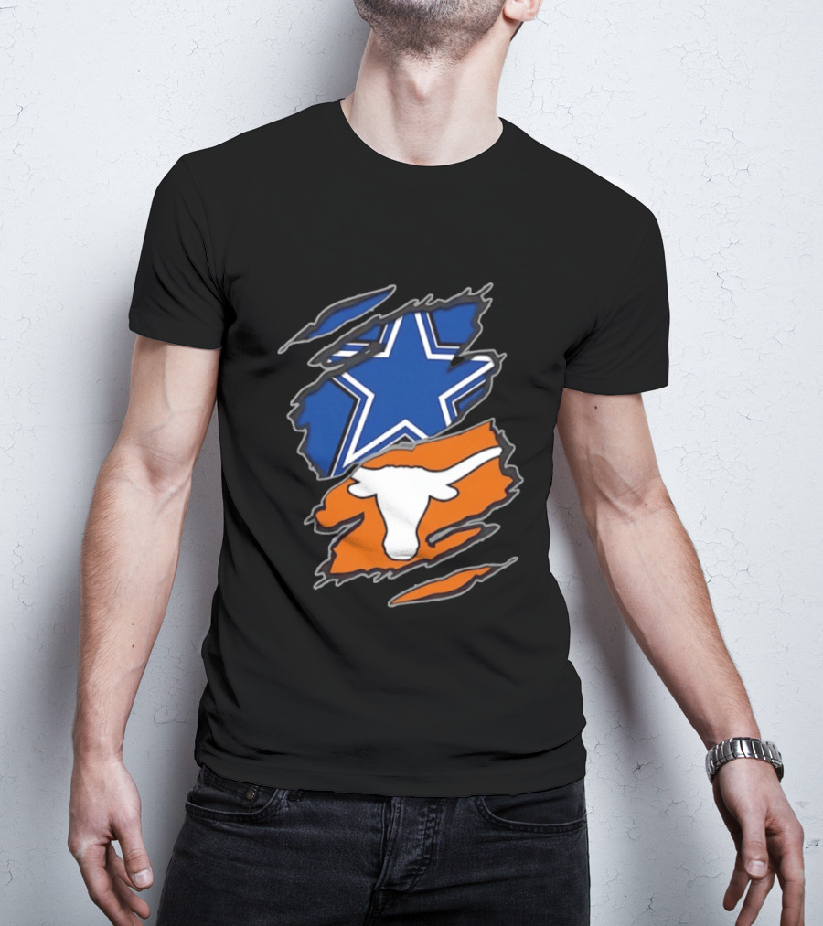 Dallas Cowboys Texas Longhorns Two Teams One Heart Scratch Torn Star Helmet T-Shirt