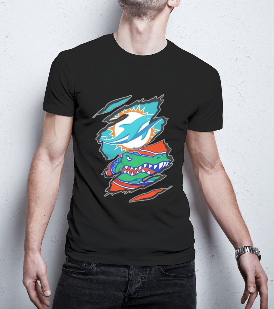 Miami Dolphins Florida Gators Two Teams One Heart Scratch T-Shirt