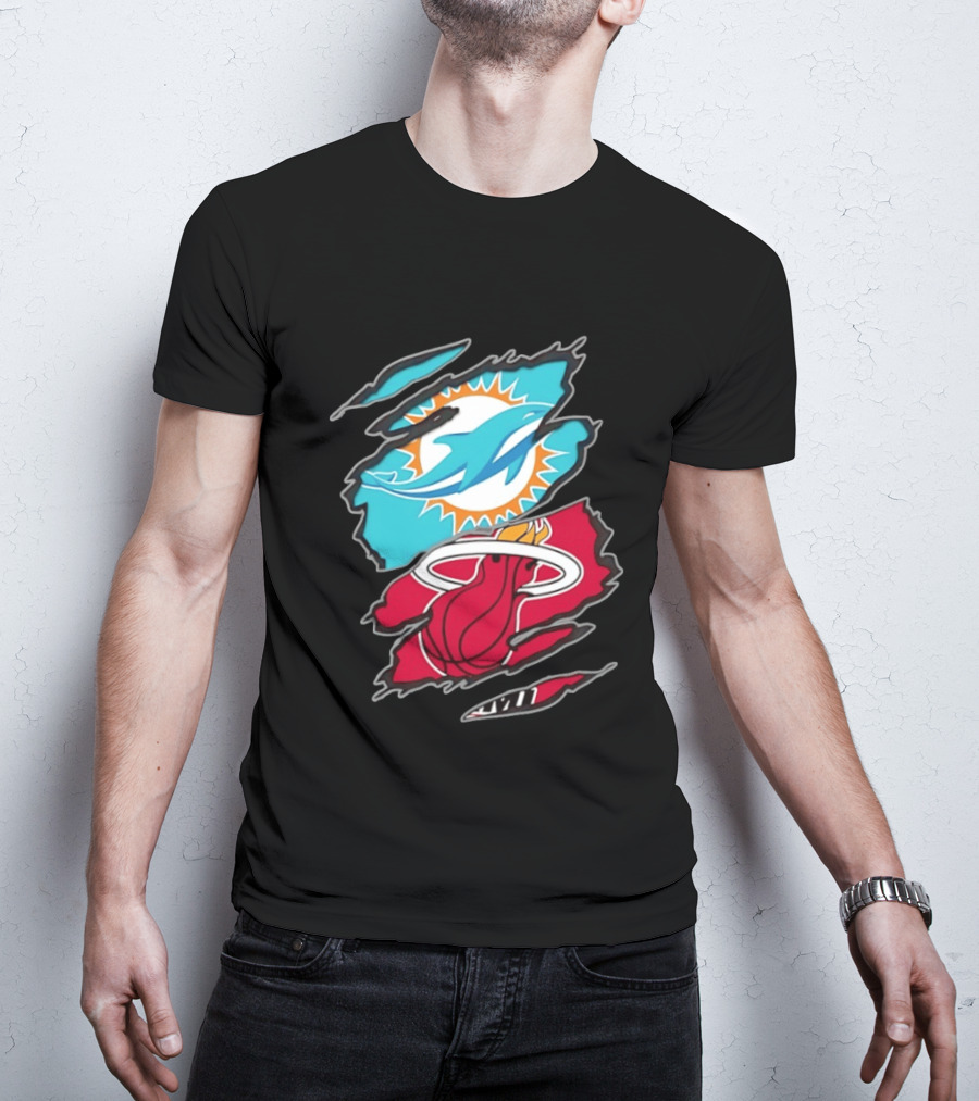 Miami Dolphins Miami Heat Two Teams One Heart Scratch T-Shirt