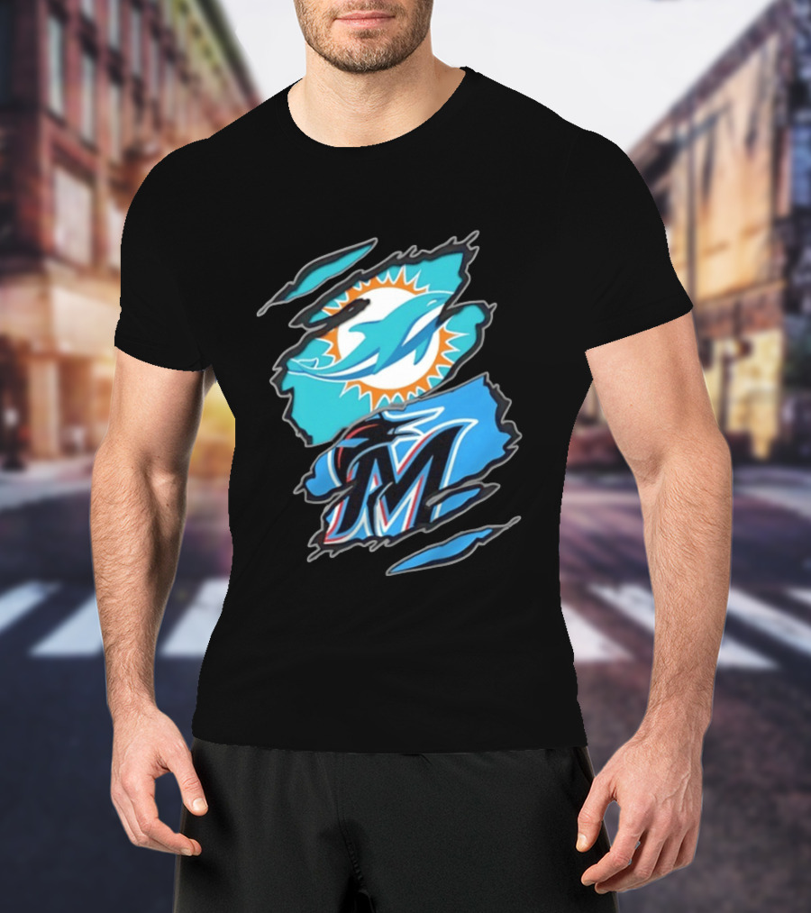 Miami Dolphins Miami Marlins Two Teams One Heart Scratch Marks T-Shirt