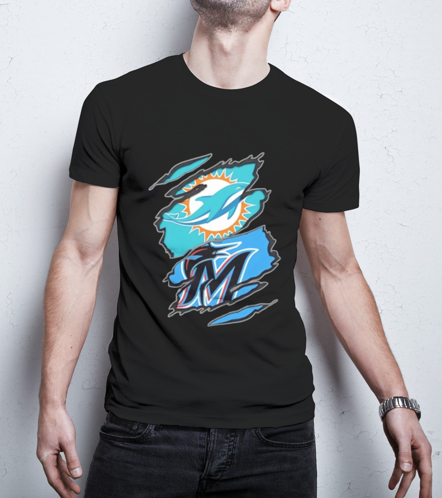 Miami Dolphins Miami Marlins Two Teams One Heart Scratch Marks T-Shirt