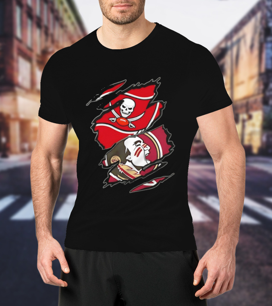 Tampa Bay Buccaneers And Florida State Seminoles Two Teams One Heart Scratch Skull Flag Warrior Face T-Shirt