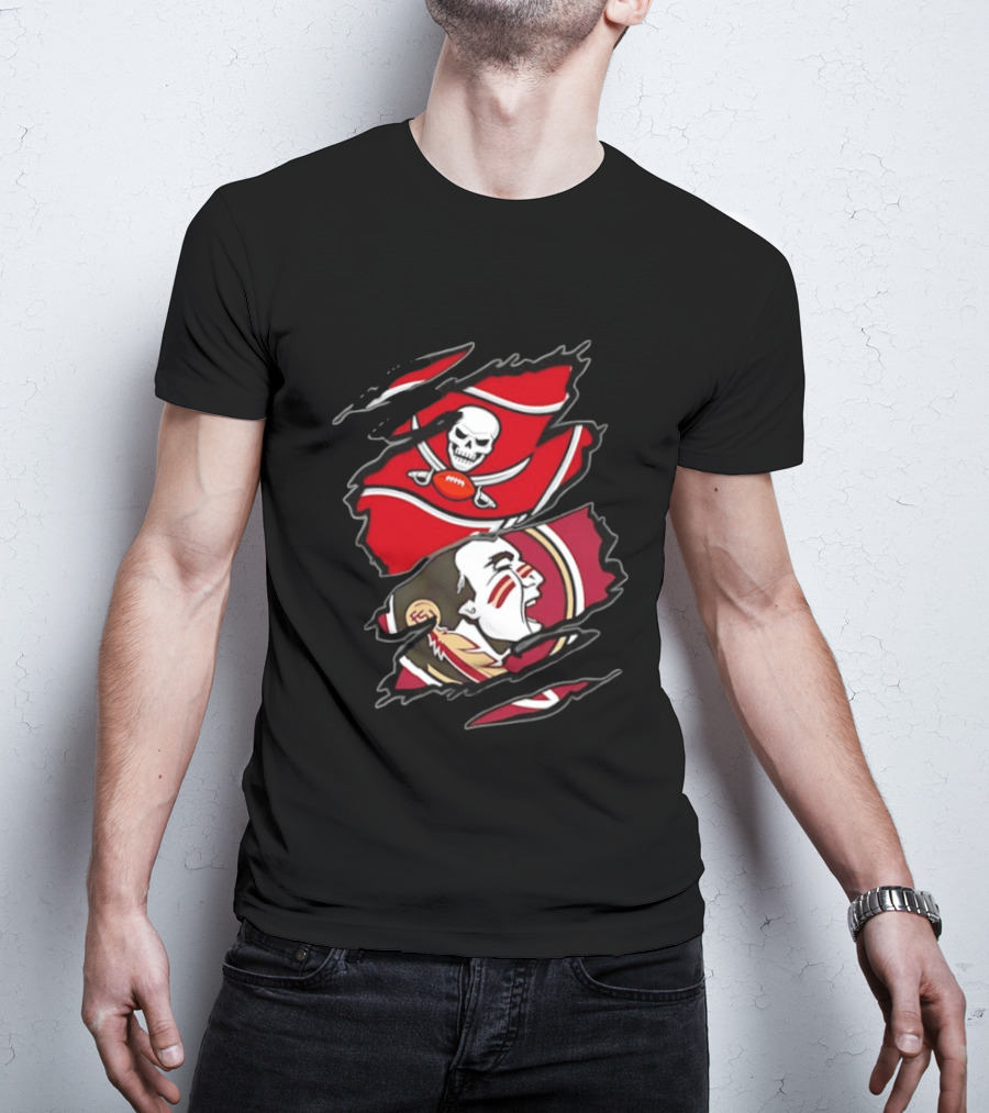 Tampa Bay Buccaneers And Florida State Seminoles Two Teams One Heart Scratch Skull Flag Warrior Face T-Shirt