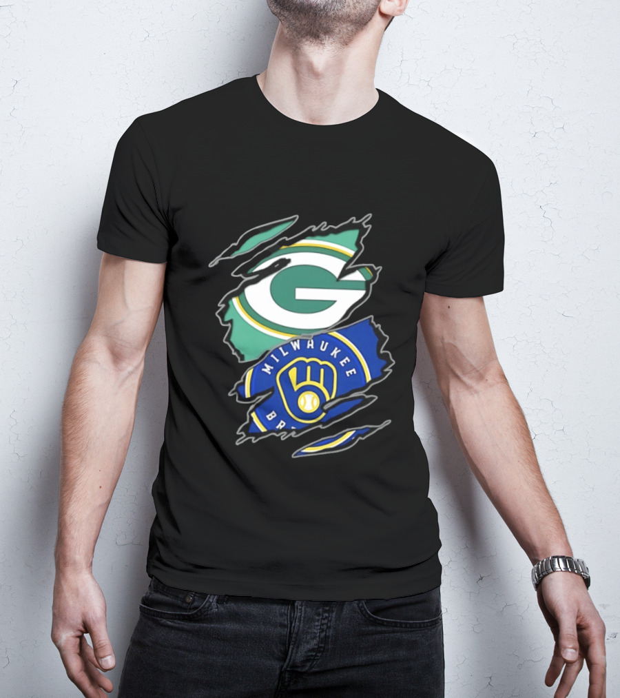 Green Bay Packers Milwaukee Brewers Two Teams One Heart Scratch T-Shirt