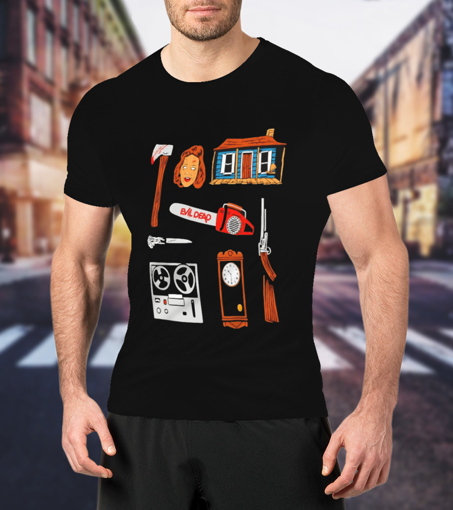 Evil Dead Horror Collage Chainsaw Cabin Axe Ash Williams T-Shirt
