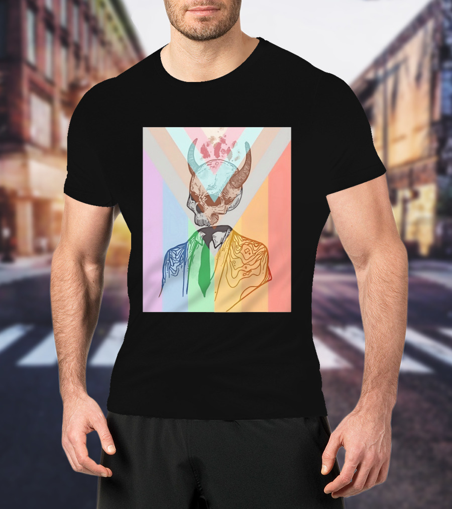 Horned Devil Skull Suit Pride Flag Surrealism Abstract Colorful T-Shirt