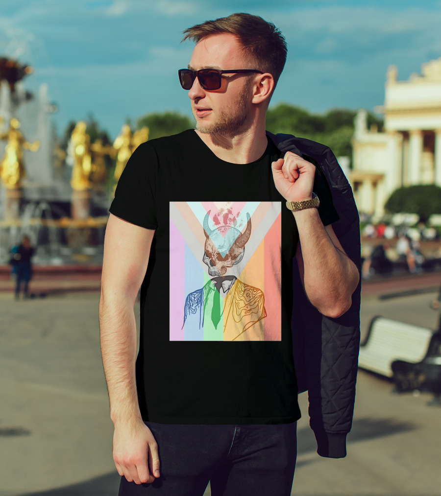 Horned Devil Skull Suit Pride Flag Surrealism Abstract Colorful T-Shirt