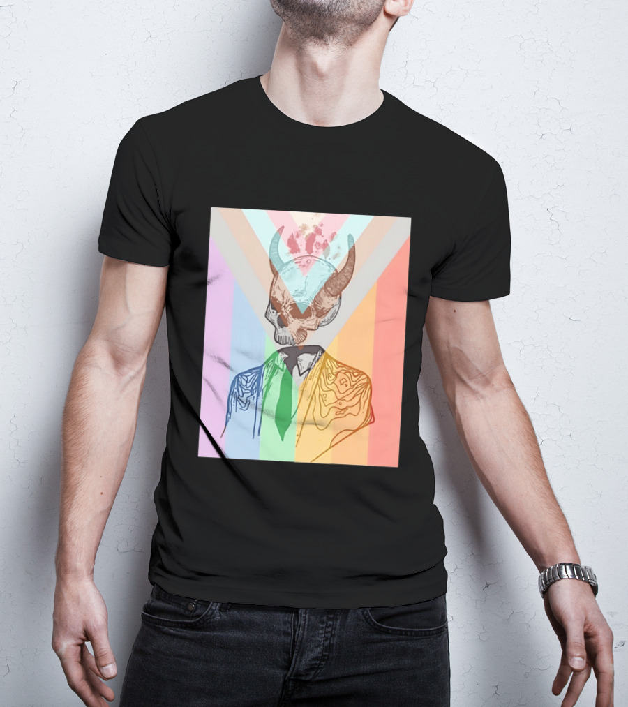 Horned Devil Skull Suit Pride Flag Surrealism Abstract Colorful T-Shirt