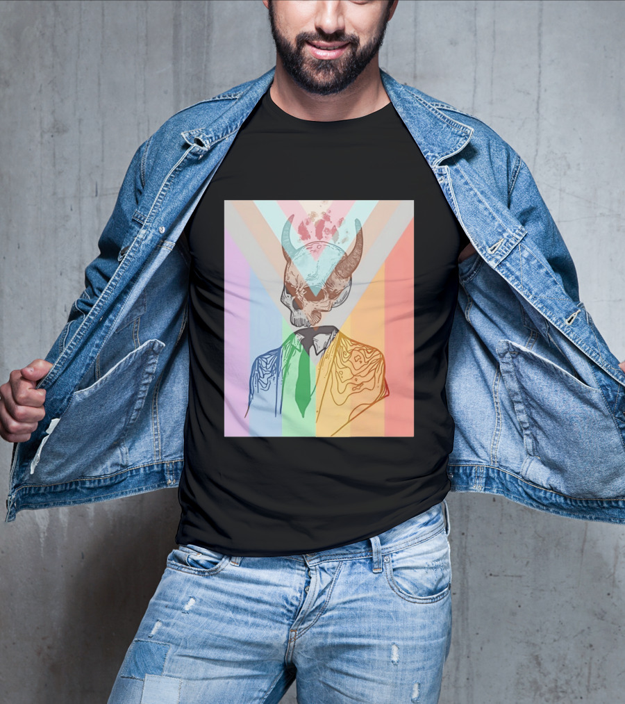 Horned Devil Skull Suit Pride Flag Surrealism Abstract Colorful T-Shirt