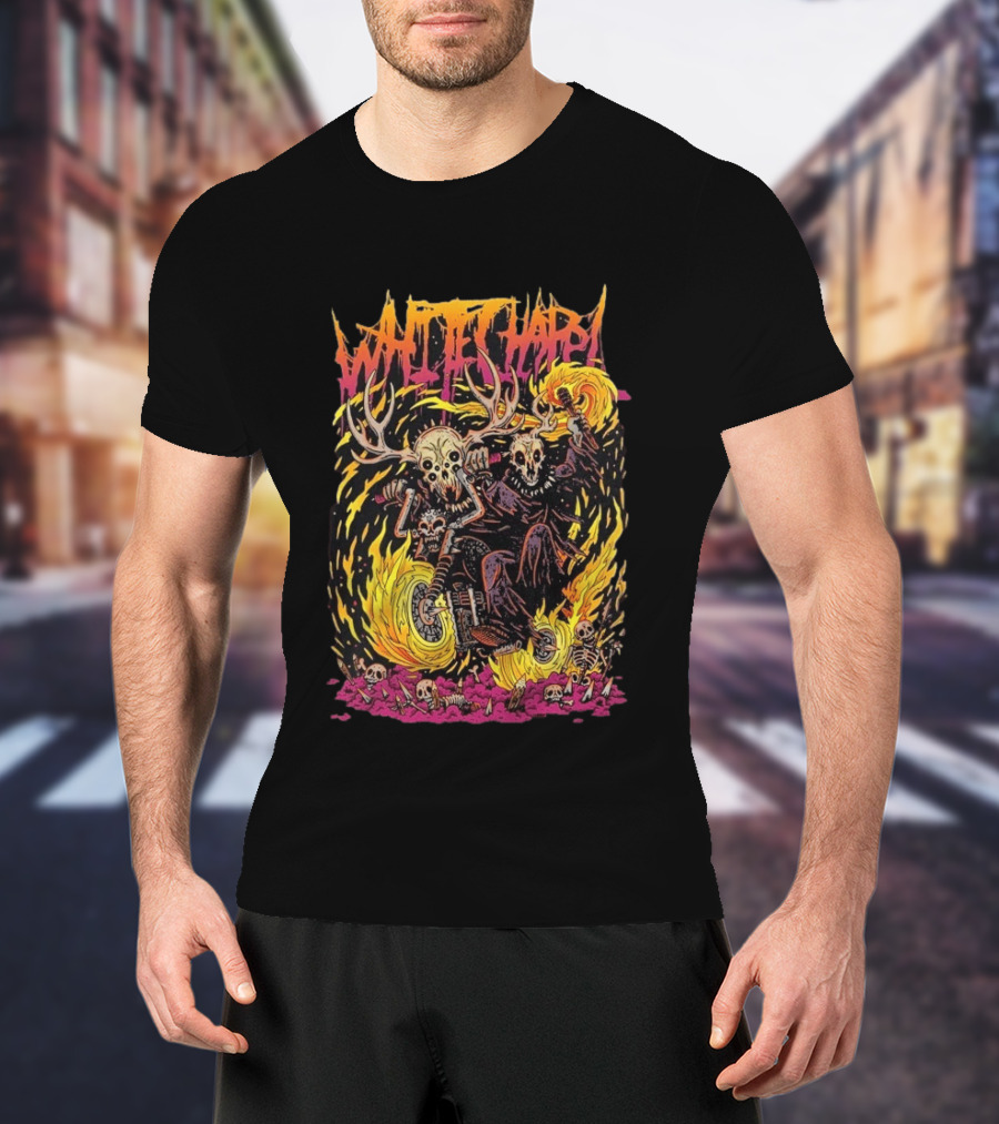 Whitechapel Bikers Skeleton Motorcycle Fire Scene T-Shirt