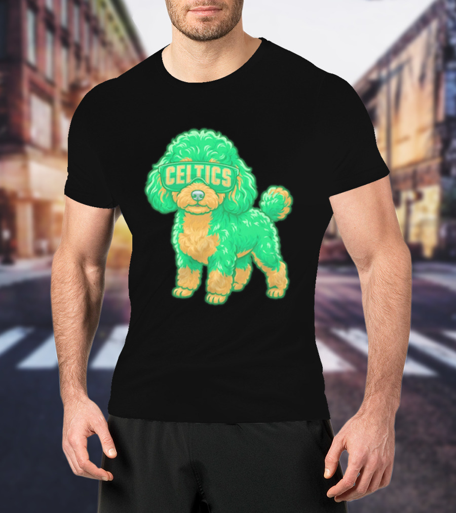 Boston Celtics Teacup Poodle Cartoon With Celtics Sunglasses T-Shirt