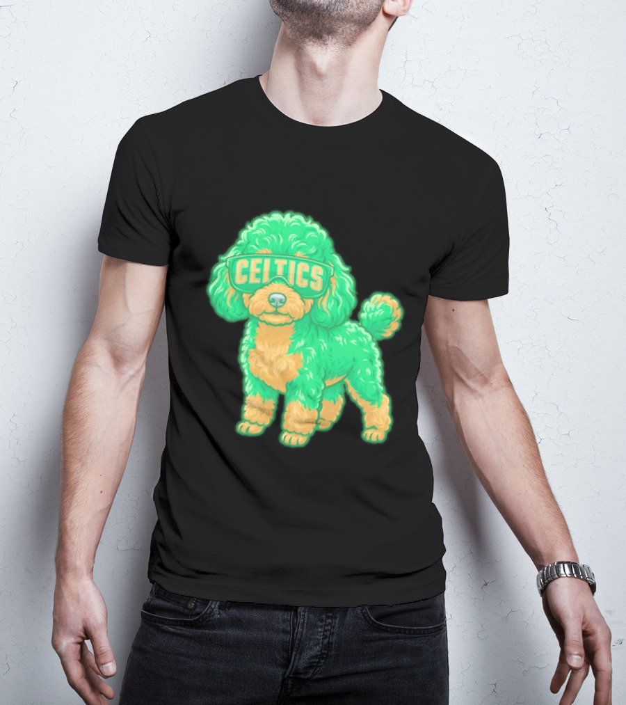 Boston Celtics Teacup Poodle Cartoon With Celtics Sunglasses T-Shirt