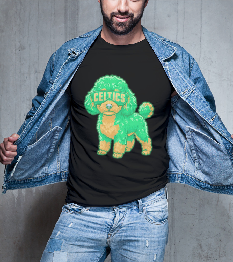 Boston Celtics Teacup Poodle Cartoon With Celtics Sunglasses T-Shirt