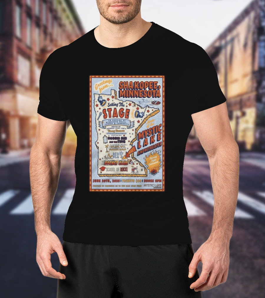 Greetings From Shakopee Minnesota Mystic Lake Amphitheater June 20 2026 Setting The Stage School Of Rock Band Event T-Shirt