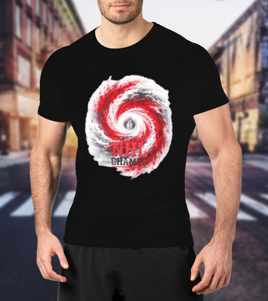 Carolina Hurricanes 2026 NHL Champs Storm With Hockey Trophy And Red Gray Swirl T-Shirt