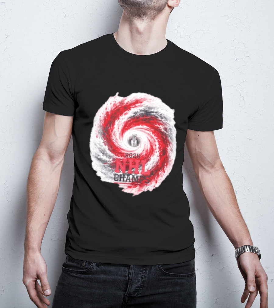 Carolina Hurricanes 2026 NHL Champs Storm With Hockey Trophy And Red Gray Swirl T-Shirt