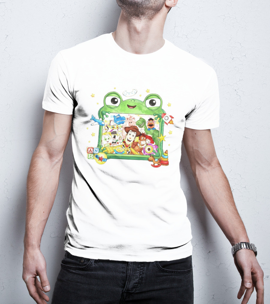 Woody And Buzz Lightyear Toy Story Characters Inside Frog Frame With Andy Blocks T-Shirt